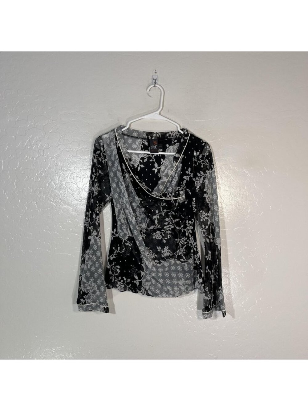 ANAC Blouse Womens M Black Floral Print Stretch Mesh Cowl Neck Long Sleeve Top